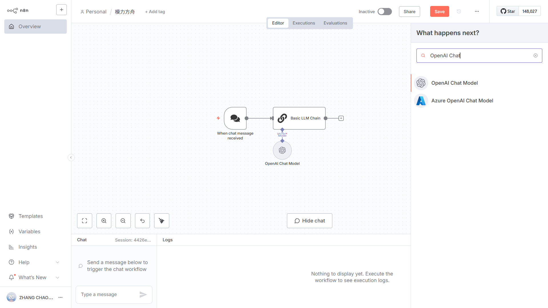 选择OpenAI Chat Model节点